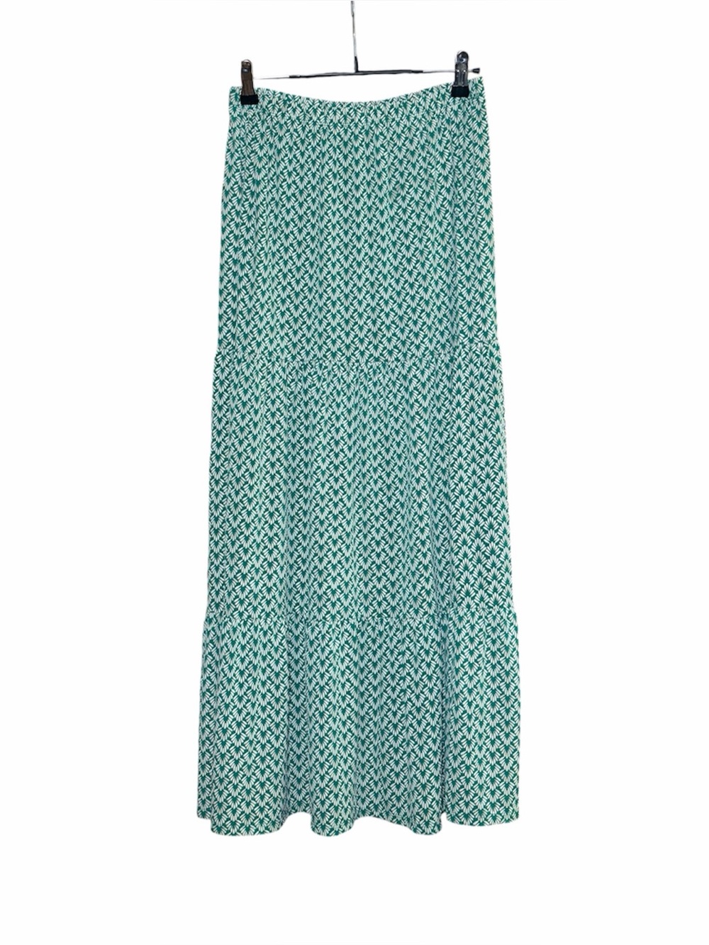 Boho Tiered Maxi Skirt Green Geometric Coastal Grandmother Cottagecore M